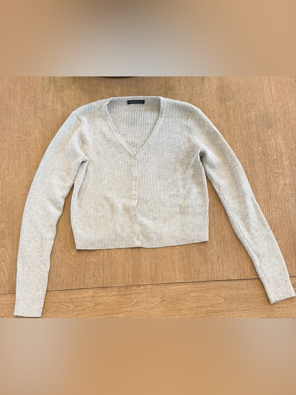 Brandy Melville Gray Ribbed V-Neck Button Front Cropped Cardigan